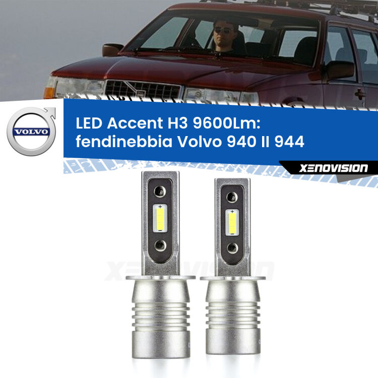 Fendinebbia LED H3 9600Lm per Volvo 940 II 944 1994 - 1998 <strong>Kit LED Fendinebbia per Volvo 940 II</strong> 944 1994 - 1998.</strong> Coppia lampade <strong>H3</strong> senza ventola e ultracompatte per installazioni in fari senza spazi.