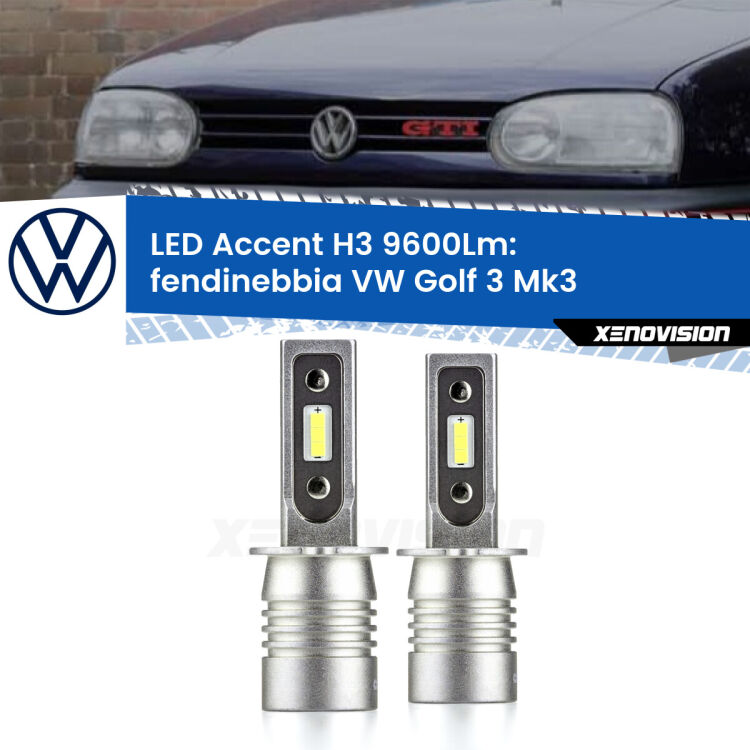 <strong>Kit LED Fendinebbia per VW Golf 3</strong> Mk3 1991 - 1997.</strong> Coppia lampade <strong>H3</strong> senza ventola e ultracompatte per installazioni in fari senza spazi.