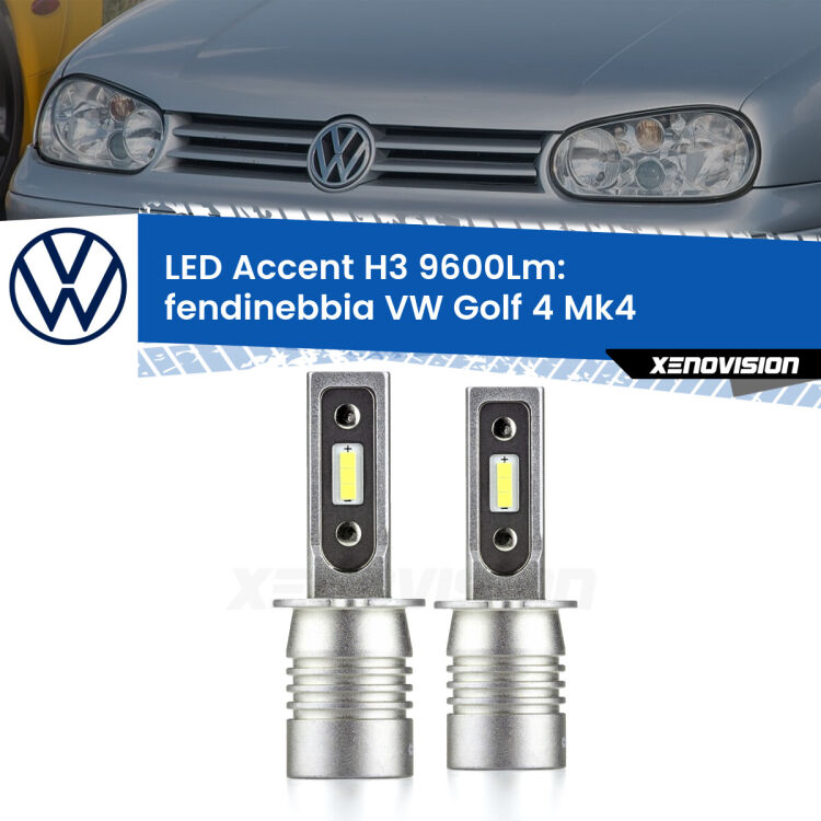 <strong>Kit LED Fendinebbia per VW Golf 4</strong> Mk4 1997 - 2005.</strong> Coppia lampade <strong>H3</strong> senza ventola e ultracompatte per installazioni in fari senza spazi.