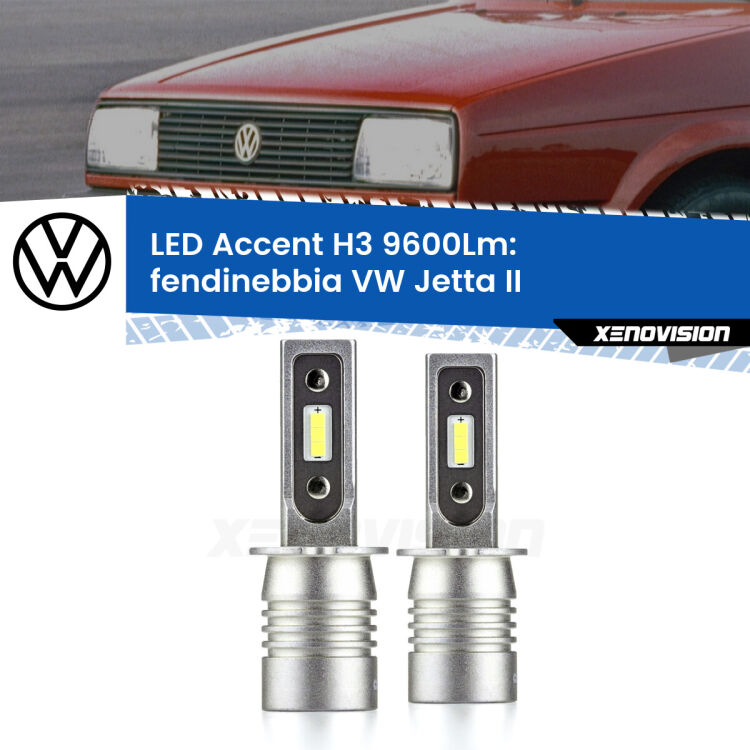 Fendinebbia LED H3 9600Lm per VW Jetta II 1984 - 1992 <strong>Kit LED Fendinebbia per VW Jetta</strong> II 1984 - 1992.</strong> Coppia lampade <strong>H3</strong> senza ventola e ultracompatte per installazioni in fari senza spazi.