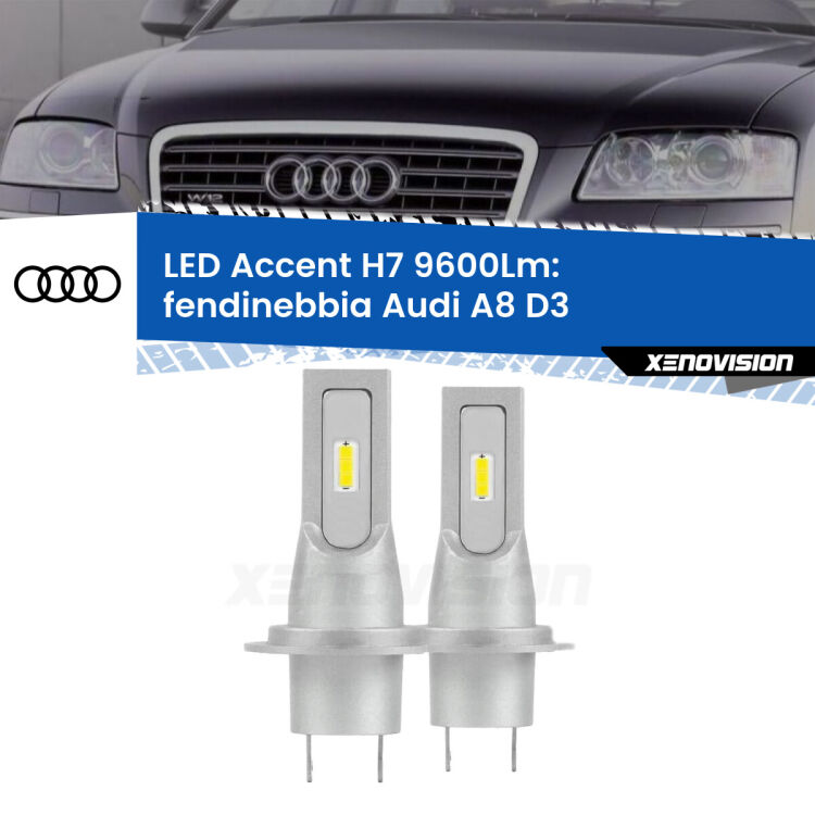 0 Fendinebbia LED H7 9600Lm per Audi A8 D3 2005 - 2009 <strong>Kit LED Fendinebbia per Audi A8</strong> D3 2005 - 2009.</strong> Coppia lampade <strong>H7</strong> senza ventola e ultracompatte per installazioni in fari senza spazi.