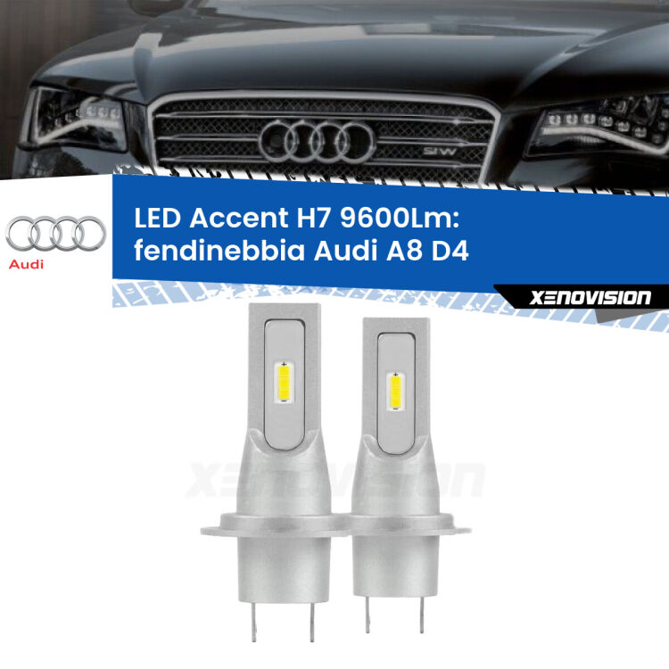 <strong>Kit LED Fendinebbia per Audi A8</strong> D4 2009 - 2018.</strong> Coppia lampade <strong>H7</strong> senza ventola e ultracompatte per installazioni in fari senza spazi.
