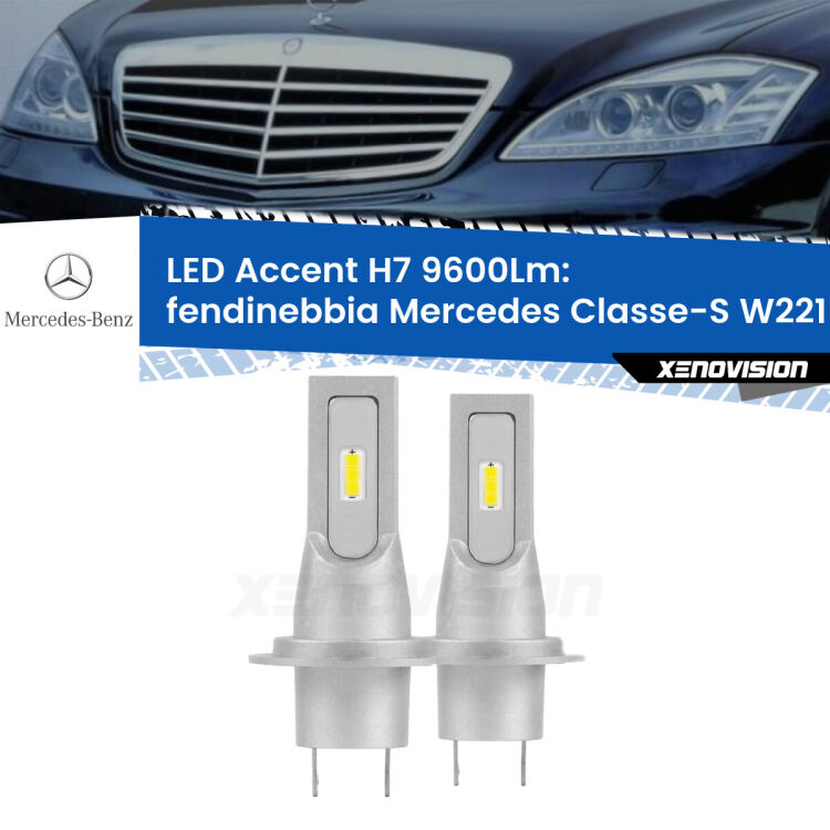 Fendinebbia LED H7 9600Lm per Mercedes Classe-S W221 2005 - 2009 <strong>Kit LED Fendinebbia per Mercedes Classe-S</strong> W221 2005 - 2009.</strong> Coppia lampade <strong>H7</strong> senza ventola e ultracompatte per installazioni in fari senza spazi.