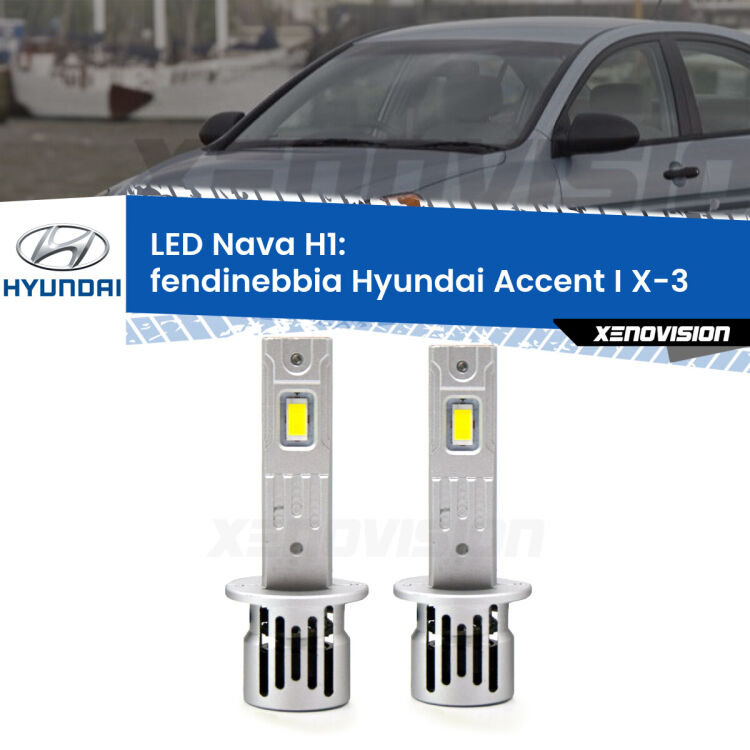 Fendinebbia LED Hyundai Accent I X-3 1994 - 2000: H1 Nava <strong>Fendinebbia LED no-spie per Hyundai Accent I</strong> X-3 1994 - 2000. Coppia lampade <strong> H1</strong> modello Nava canbus, raffreddate a ventola.