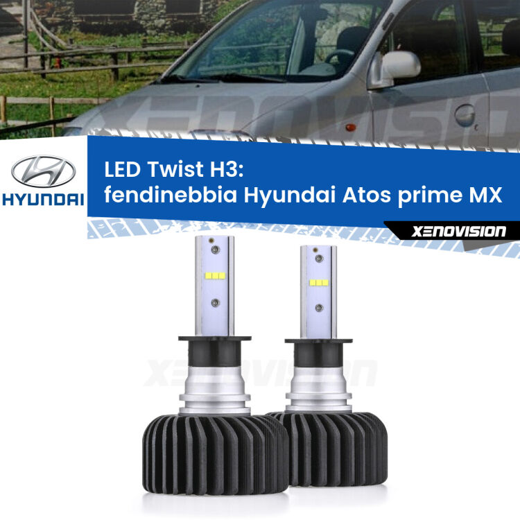 <strong>Kit fendinebbia LED</strong> H3 per <strong>Hyundai Atos prime</strong> MX 1997 - 2008. Compatte, impermeabili, senza ventola: praticamente indistruttibili. Top Quality.