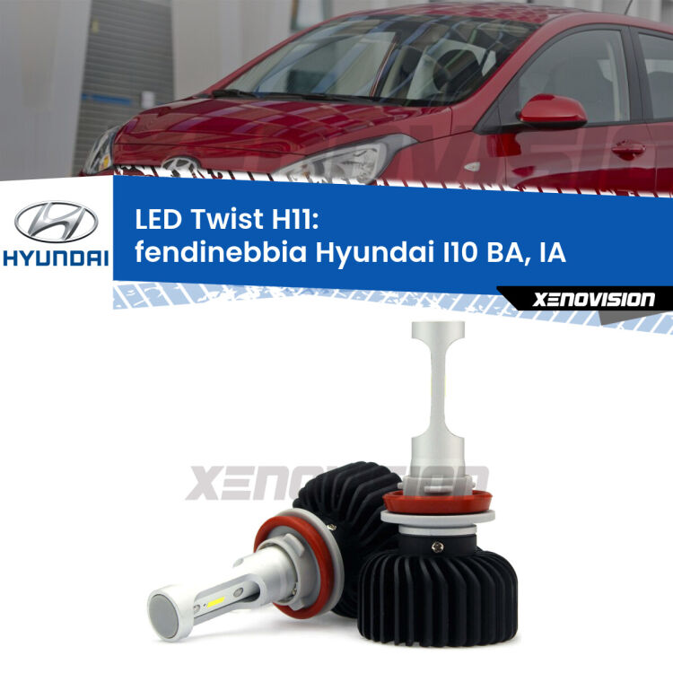 <strong>Kit fendinebbia LED</strong> H11 per <strong>Hyundai I10</strong> BA, IA con luci svolta. Compatte, impermeabili, senza ventola: praticamente indistruttibili. Top Quality.