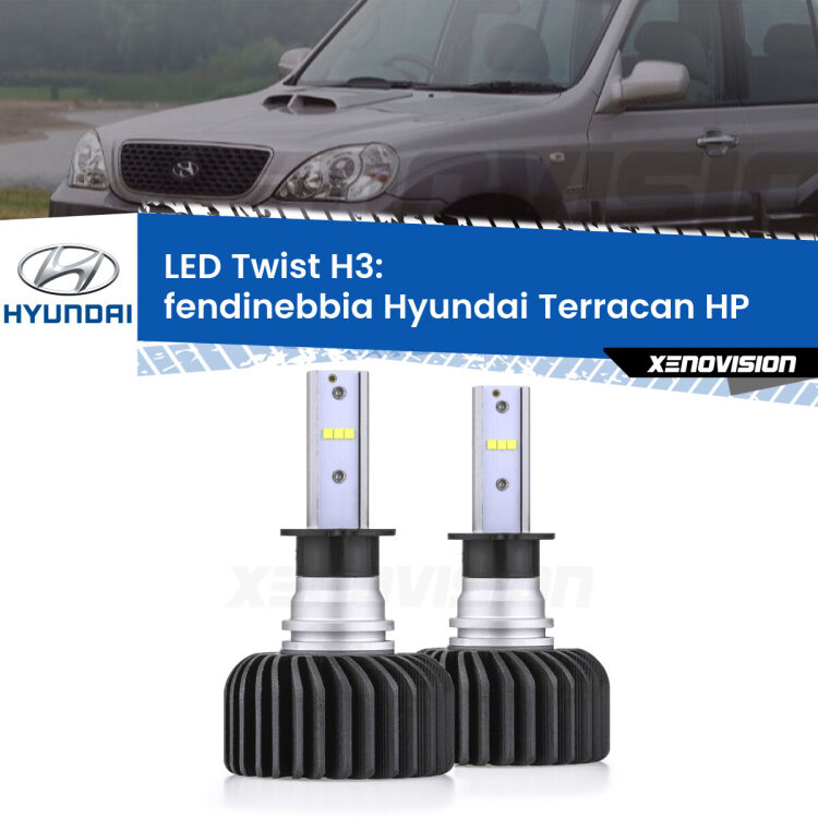 <strong>Kit fendinebbia LED</strong> H3 per <strong>Hyundai Terracan</strong> HP 2001 - 2006. Compatte, impermeabili, senza ventola: praticamente indistruttibili. Top Quality.