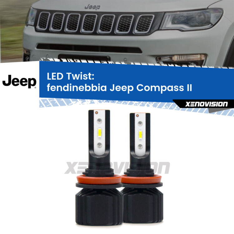 Fendinebbia LED Jeep Compass II 2017 in poi: Twist 11,000Lm <strong>Kit fendinebbia LED</strong> per <strong>Jeep Compass</strong> II 2017 in poi. Compatte, impermeabili, senza ventola: praticamente indistruttibili. Top Quality.