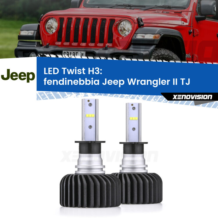<strong>Kit fendinebbia LED</strong> H3 per <strong>Jeep Wrangler II</strong> TJ 1996 - 2005. Compatte, impermeabili, senza ventola: praticamente indistruttibili. Top Quality.