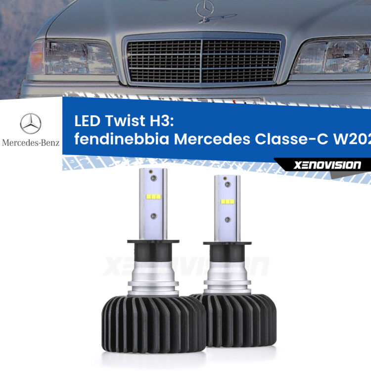 <strong>Kit fendinebbia LED</strong> H3 per <strong>Mercedes Classe-C</strong> W202 1993 - 1996. Compatte, impermeabili, senza ventola: praticamente indistruttibili. Top Quality.