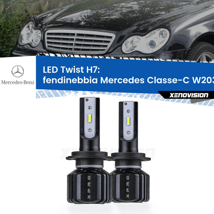 <strong>Kit fendinebbia LED</strong> H7 per <strong>Mercedes Classe-C</strong> W203 con luci svolta. Compatte, impermeabili, senza ventola: praticamente indistruttibili. Top Quality.