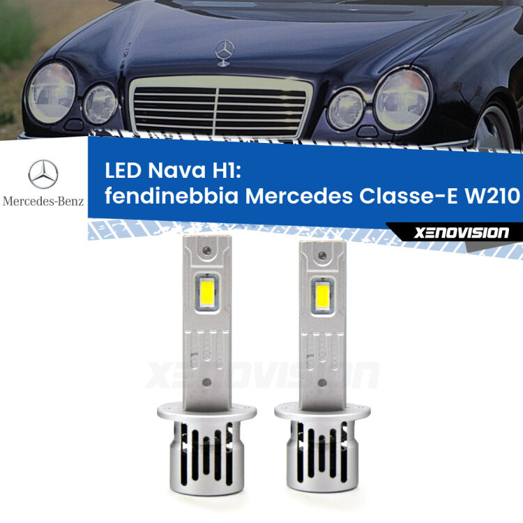 Fendinebbia LED Mercedes Classe-E W210 1995 - 2002: H1 Nava <strong>Fendinebbia LED no-spie per Mercedes Classe-E</strong> W210 1995 - 2002. Coppia lampade <strong> H1</strong> modello Nava canbus, raffreddate a ventola.