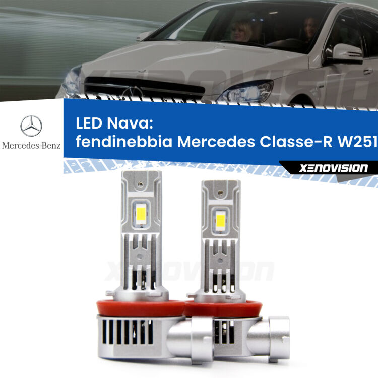Fendinebbia LED Mercedes Classe-R W251, V251 2006 - 2014: Nava 20,000Lm <strong>Fendinebbia LED no-spie per Mercedes Classe-R</strong> W251, V251 2006 - 2014. Coppia lampade <strong>H11</strong>/H9/H8/H16(JP) modello Nava canbus, raffreddate a ventola.