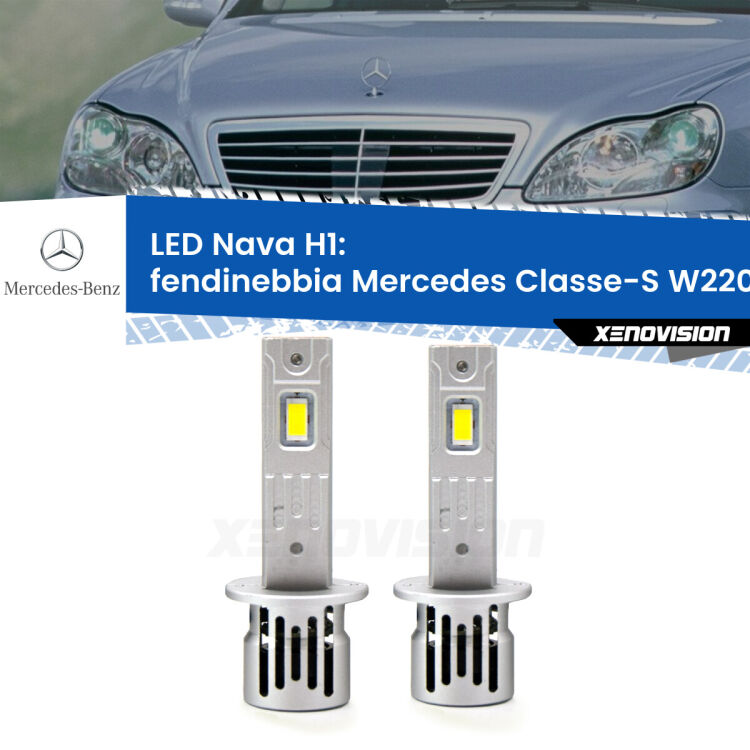 Fendinebbia LED Mercedes Classe-S W220 1998 - 2005: H1 Nava <strong>Fendinebbia LED no-spie per Mercedes Classe-S</strong> W220 1998 - 2005. Coppia lampade <strong> H1</strong> modello Nava canbus, raffreddate a ventola.