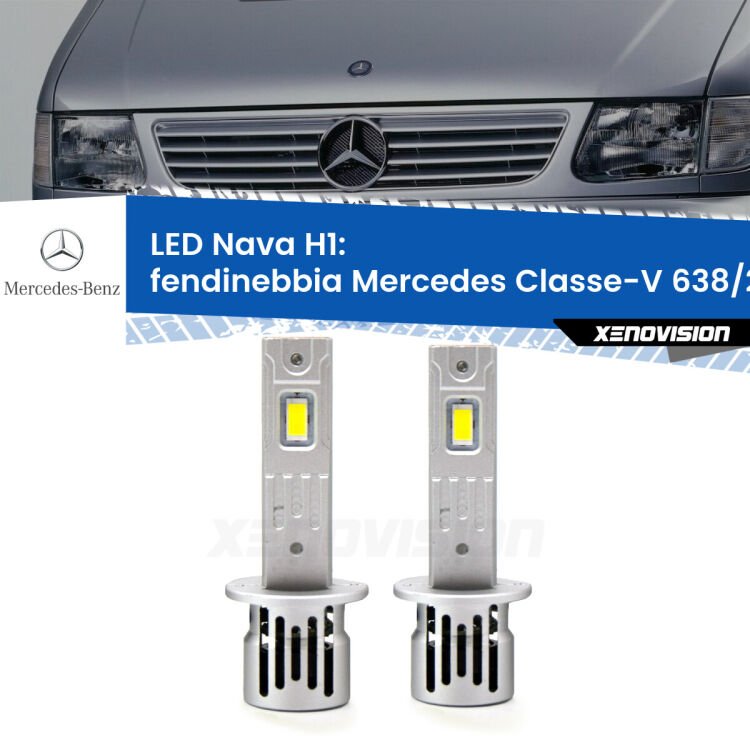 Fendinebbia LED Mercedes Classe-V 638/2 1996 - 2003: H1 Nava <strong>Fendinebbia LED no-spie per Mercedes Classe-V</strong> 638/2 1996 - 2003. Coppia lampade <strong> H1</strong> modello Nava canbus, raffreddate a ventola.