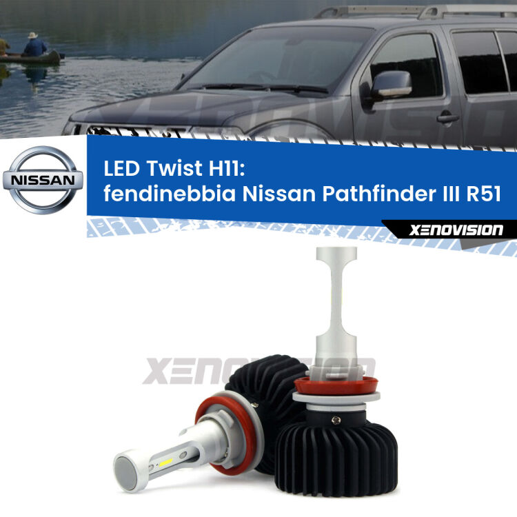 <strong>Kit fendinebbia LED</strong> H11 per <strong>Nissan Pathfinder III</strong> R51 2005 - 2011. Compatte, impermeabili, senza ventola: praticamente indistruttibili. Top Quality.