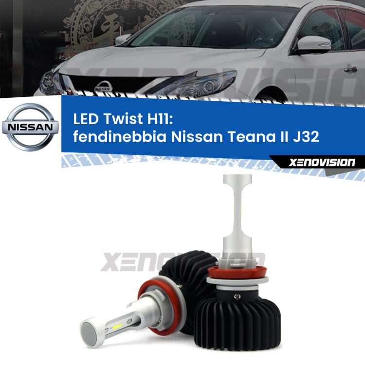 <strong>Kit fendinebbia LED</strong> H11 per <strong>Nissan Teana II</strong> J32 2008 - 2013. Compatte, impermeabili, senza ventola: praticamente indistruttibili. Top Quality.