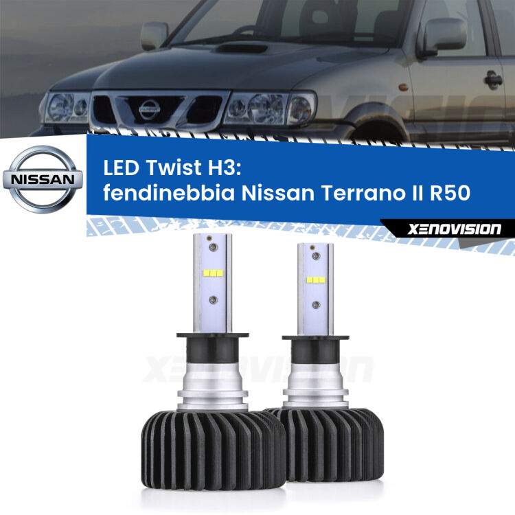 <strong>Kit fendinebbia LED</strong> H3 per <strong>Nissan Terrano II</strong> R50 1997 - 2004. Compatte, impermeabili, senza ventola: praticamente indistruttibili. Top Quality.