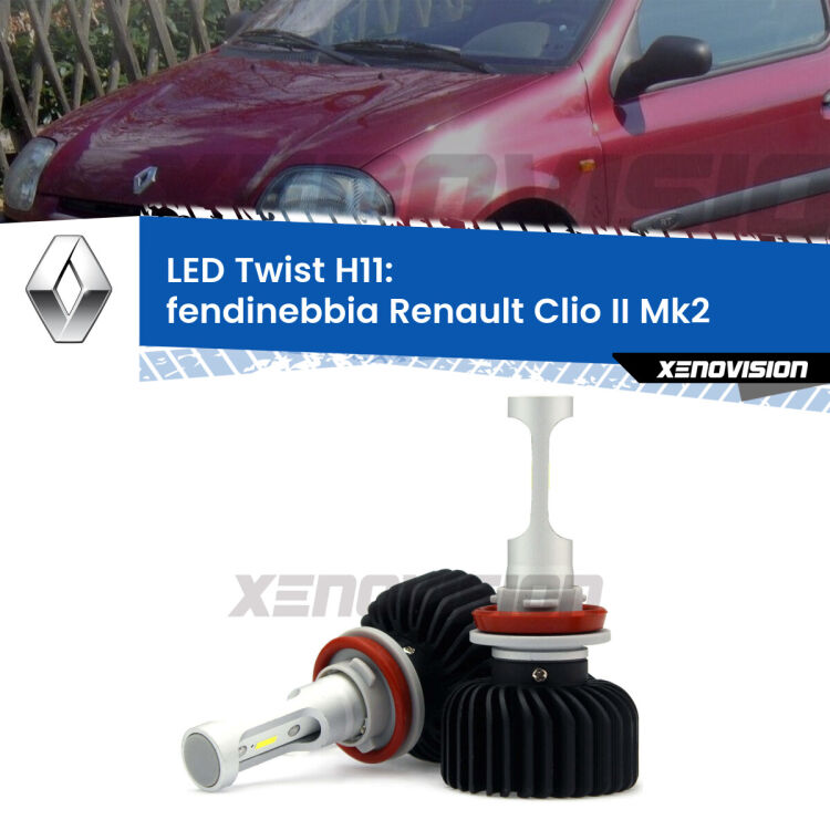 <strong>Kit fendinebbia LED</strong> H11 per <strong>Renault Clio II</strong> Mk2 2001 - 2004. Compatte, impermeabili, senza ventola: praticamente indistruttibili. Top Quality.