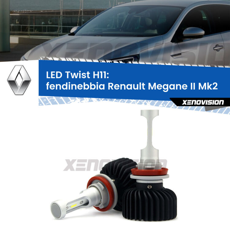 <strong>Kit fendinebbia LED</strong> H11 per <strong>Renault Megane II</strong> Mk2 2002 - 2007. Compatte, impermeabili, senza ventola: praticamente indistruttibili. Top Quality.