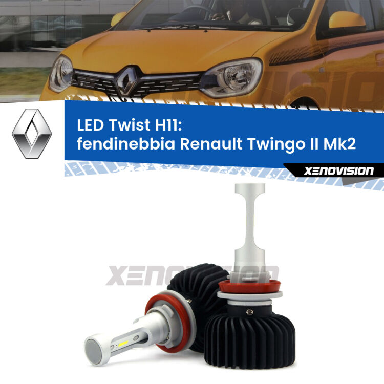 <strong>Kit fendinebbia LED</strong> H11 per <strong>Renault Twingo II</strong> Mk2 2007 - 2013. Compatte, impermeabili, senza ventola: praticamente indistruttibili. Top Quality.