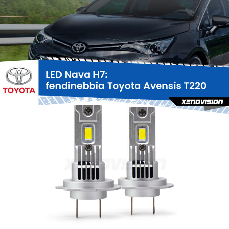 0 Fendinebbia LED Toyota Avensis T220 1997 - 2003: H7 Nava <strong>Fendinebbia LED no-spie per Toyota Avensis</strong> T220 1997 - 2003. Coppia lampade <strong>H7</strong> modello Nava canbus, raffreddate a ventola.