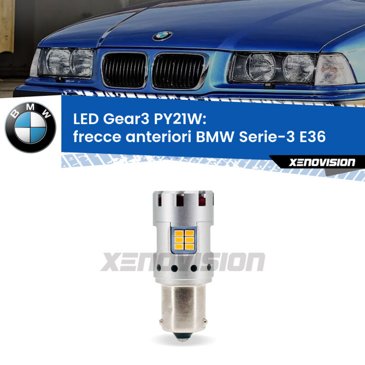 <strong>Frecce Anteriori LED no-spie per BMW Serie-3</strong> E36 faro bianco. Lampada <strong>PY21W</strong> modello Gear3 no Hyperflash, raffreddata a ventola.
