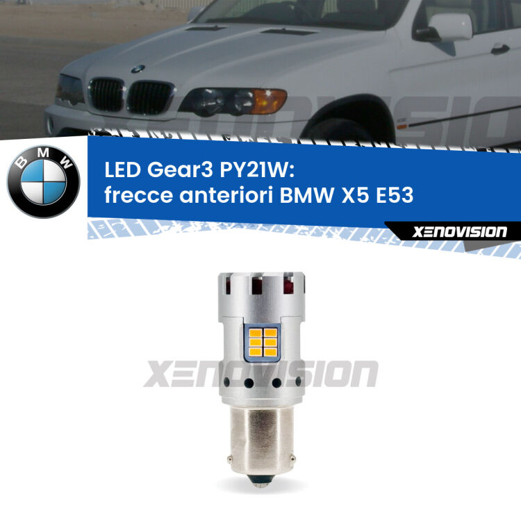 <strong>Frecce Anteriori LED no-spie per BMW X5</strong> E53 faro bianco. Lampada <strong>PY21W</strong> modello Gear3 no Hyperflash, raffreddata a ventola.