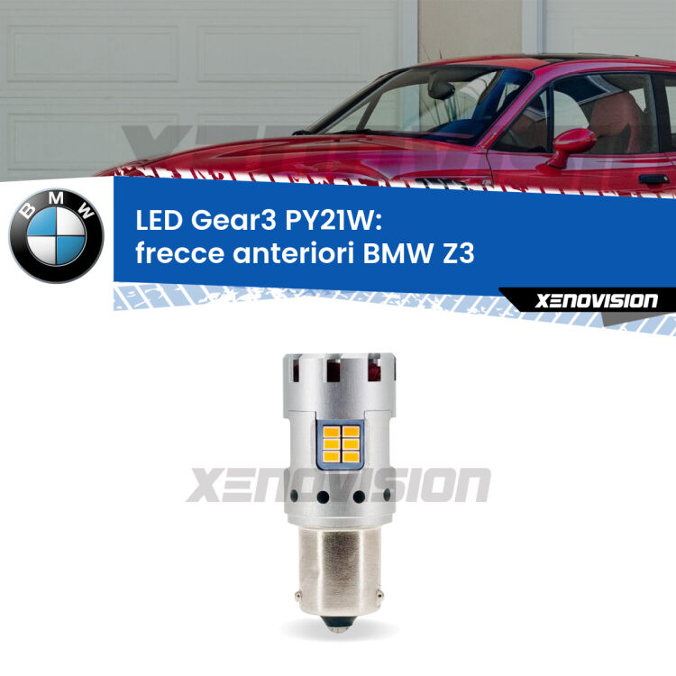 <strong>Frecce Anteriori LED no-spie per BMW Z3</strong>  faro bianco. Lampada <strong>PY21W</strong> modello Gear3 no Hyperflash, raffreddata a ventola.