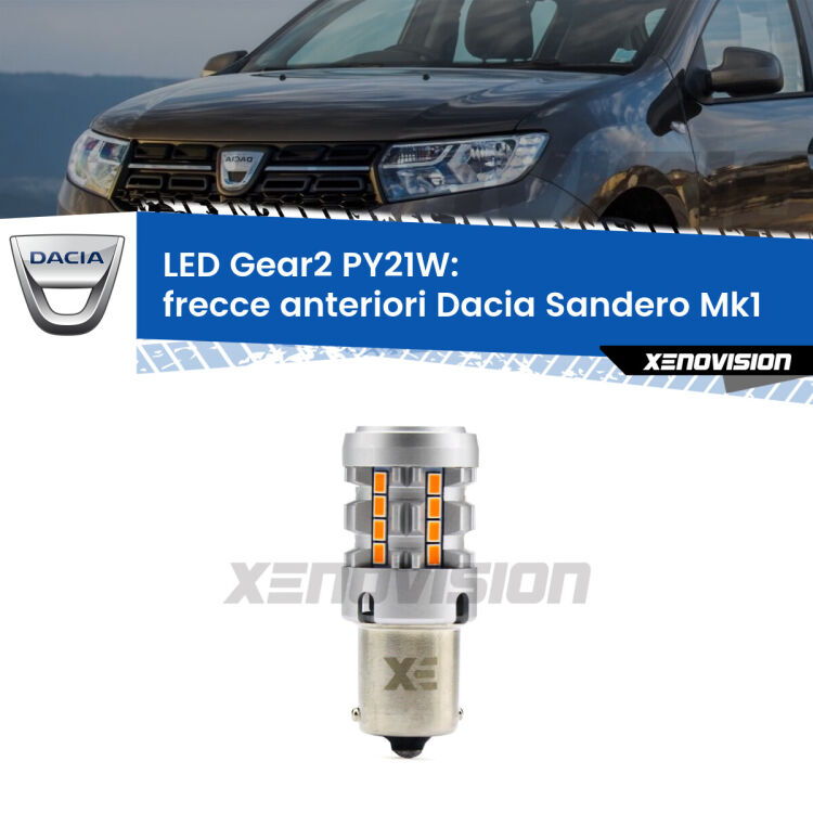 <strong>Frecce Anteriori LED no-spie per Dacia Sandero</strong> Mk1 2008 - 2012. Lampada <strong>PY21W</strong> modello Gear2 no Hyperflash.