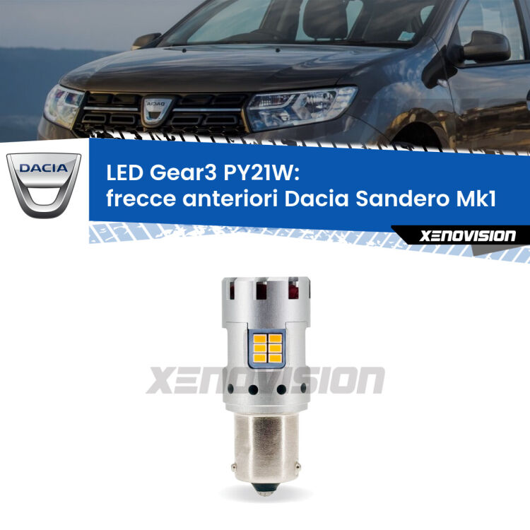 <strong>Frecce Anteriori LED no-spie per Dacia Sandero</strong> Mk1 2008 - 2012. Lampada <strong>PY21W</strong> modello Gear3 no Hyperflash, raffreddata a ventola.