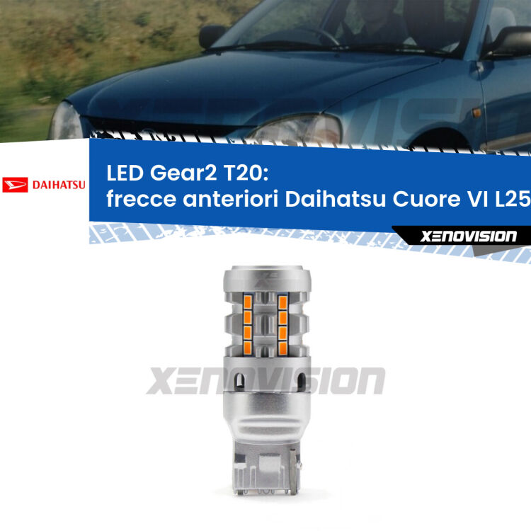<strong>Frecce Anteriori LED no-spie per Daihatsu Cuore VI</strong> L250 2003 - 2007. Lampada <strong>T20</strong> modello Gear2 no Hyperflash.