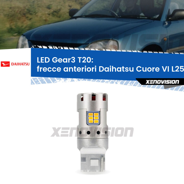 <strong>Frecce Anteriori LED no-spie per Daihatsu Cuore VI</strong> L250 2003 - 2007. Lampada <strong>T20</strong> modello Gear3 no Hyperflash, raffreddata a ventola.