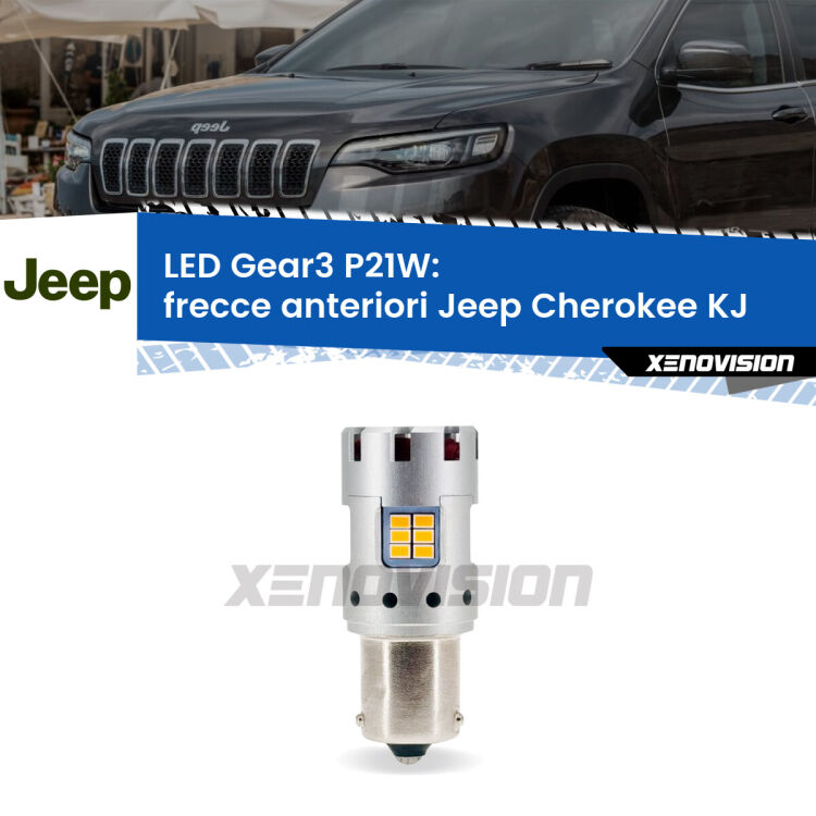 <strong>Frecce Anteriori LED no-spie per Jeep Cherokee</strong> KJ 2002 - 2007. Lampada <strong>P21W</strong> modello Gear3 no Hyperflash, raffreddata a ventola.