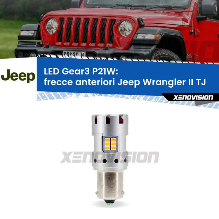 <strong>Frecce Anteriori LED no-spie per Jeep Wrangler II</strong> TJ 1996 - 2005. Lampada <strong>P21W</strong> modello Gear3 no Hyperflash, raffreddata a ventola.