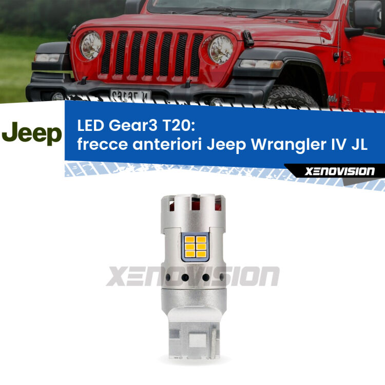 <strong>Frecce Anteriori LED no-spie per Jeep Wrangler IV</strong> JL 2017 in poi. Lampada <strong>T20</strong> modello Gear3 no Hyperflash, raffreddata a ventola.