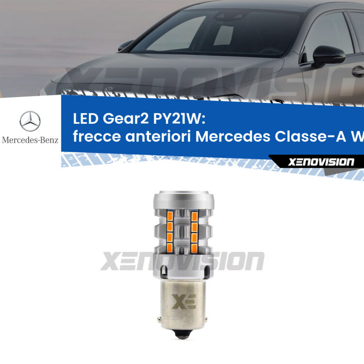 <strong>Frecce Anteriori LED no-spie per Mercedes Classe-A</strong> W176 2012 - 2018. Lampada <strong>PY21W</strong> modello Gear2 no Hyperflash.