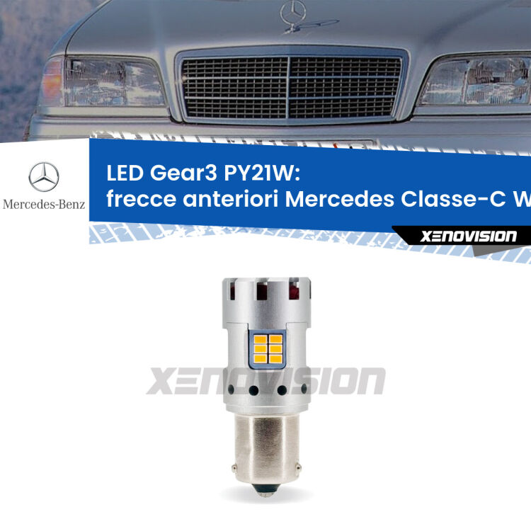 <strong>Frecce Anteriori LED no-spie per Mercedes Classe-C</strong> W202 faro bianco. Lampada <strong>PY21W</strong> modello Gear3 no Hyperflash, raffreddata a ventola.