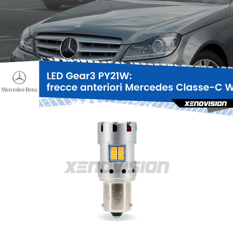 <strong>Frecce Anteriori LED no-spie per Mercedes Classe-C</strong> W204 2007 - 2010. Lampada <strong>PY21W</strong> modello Gear3 no Hyperflash, raffreddata a ventola.