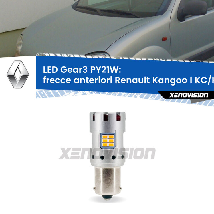 <strong>Frecce Anteriori LED no-spie per Renault Kangoo I</strong> KC/KC faro bianco. Lampada <strong>PY21W</strong> modello Gear3 no Hyperflash, raffreddata a ventola.