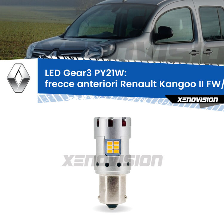 <strong>Frecce Anteriori LED no-spie per Renault Kangoo II</strong> FW/KW 2008 in poi. Lampada <strong>PY21W</strong> modello Gear3 no Hyperflash, raffreddata a ventola.