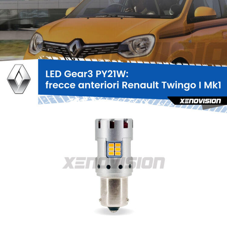 <strong>Frecce Anteriori LED no-spie per Renault Twingo I</strong> Mk1 faro bianco. Lampada <strong>PY21W</strong> modello Gear3 no Hyperflash, raffreddata a ventola.