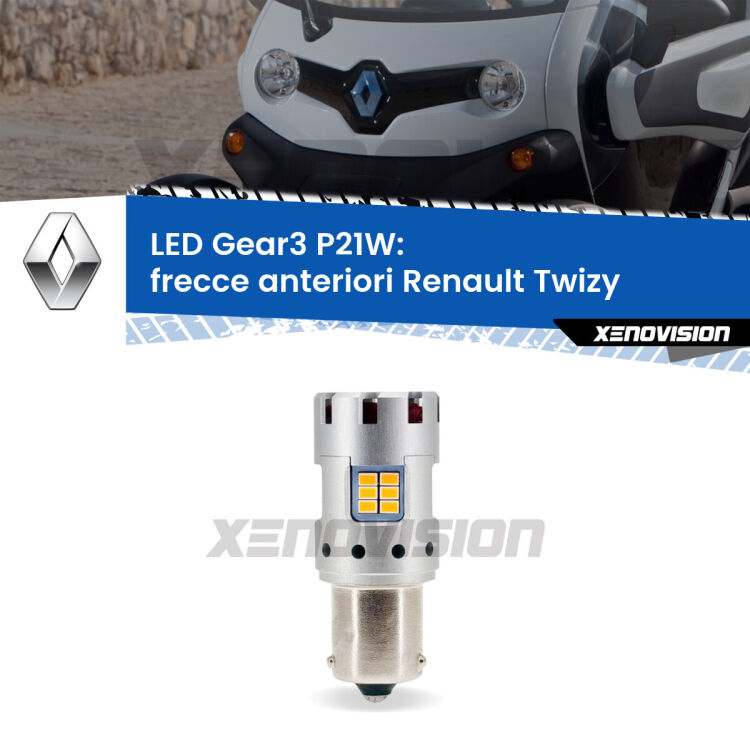 <strong>Frecce Anteriori LED no-spie per Renault Twizy</strong>  2012 in poi. Lampada <strong>P21W</strong> modello Gear3 no Hyperflash, raffreddata a ventola.