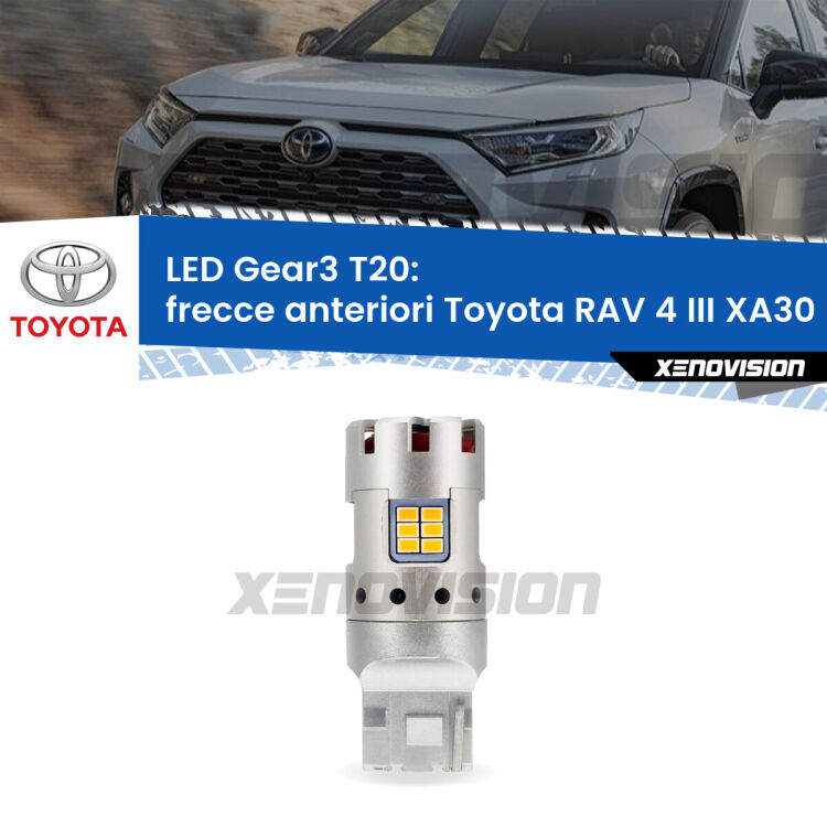 <strong>Frecce Anteriori LED no-spie per Toyota RAV 4 III</strong> XA30 2005 - 2014. Lampada <strong>T20</strong> modello Gear3 no Hyperflash, raffreddata a ventola.