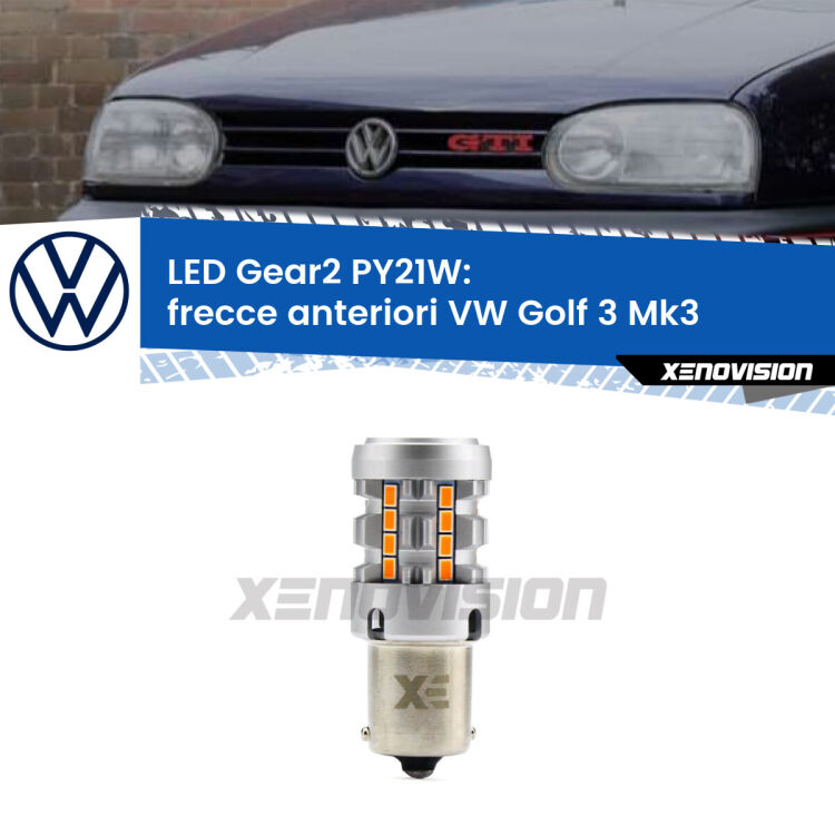 <strong>Frecce Anteriori LED no-spie per VW Golf 3</strong> Mk3 faro bianco. Lampada <strong>PY21W</strong> modello Gear2 no Hyperflash.