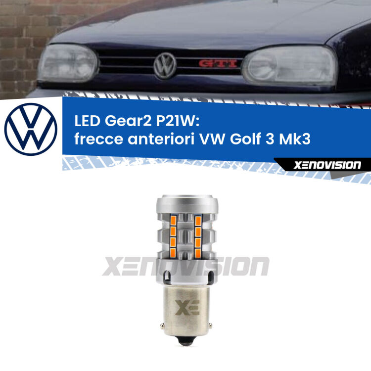 <strong>Frecce Anteriori LED no-spie per VW Golf 3</strong> Mk3 faro giallo. Lampada <strong>P21W</strong> modello Gear2 no Hyperflash.