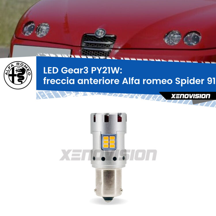 0 Freccia Anteriore LED Alfa romeo Spider 916 faro bianco: PY21W Gear3 <strong>Freccia Anteriore LED no-spie per Alfa romeo Spider</strong> 916 faro bianco. Lampada <strong>PY21W</strong> modello Gear3 no Hyperflash, raffreddata a ventola.