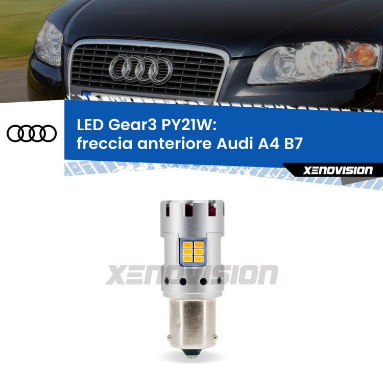 0 Freccia Anteriore LED Audi A4 B7 faro bianco: PY21W Gear3 <strong>Freccia Anteriore LED no-spie per Audi A4</strong> B7 faro bianco. Lampada <strong>PY21W</strong> modello Gear3 no Hyperflash, raffreddata a ventola.