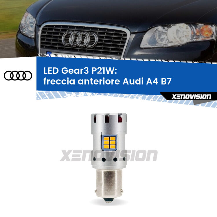 0 Freccia Anteriore LED Audi A4 B7 faro giallo: P21W Gear3 <strong>Freccia Anteriore LED no-spie per Audi A4</strong> B7 faro giallo. Lampada <strong>P21W</strong> modello Gear3 no Hyperflash, raffreddata a ventola.
