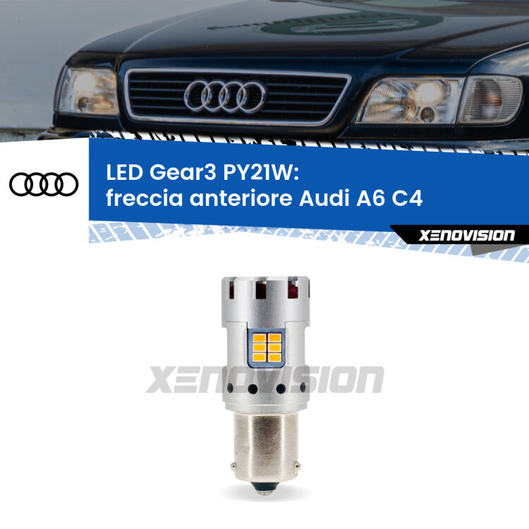 0 Freccia Anteriore LED Audi A6 C4 1994 - 1997: PY21W Gear3 <strong>Freccia Anteriore LED no-spie per Audi A6</strong> C4 1994 - 1997. Lampada <strong>PY21W</strong> modello Gear3 no Hyperflash, raffreddata a ventola.